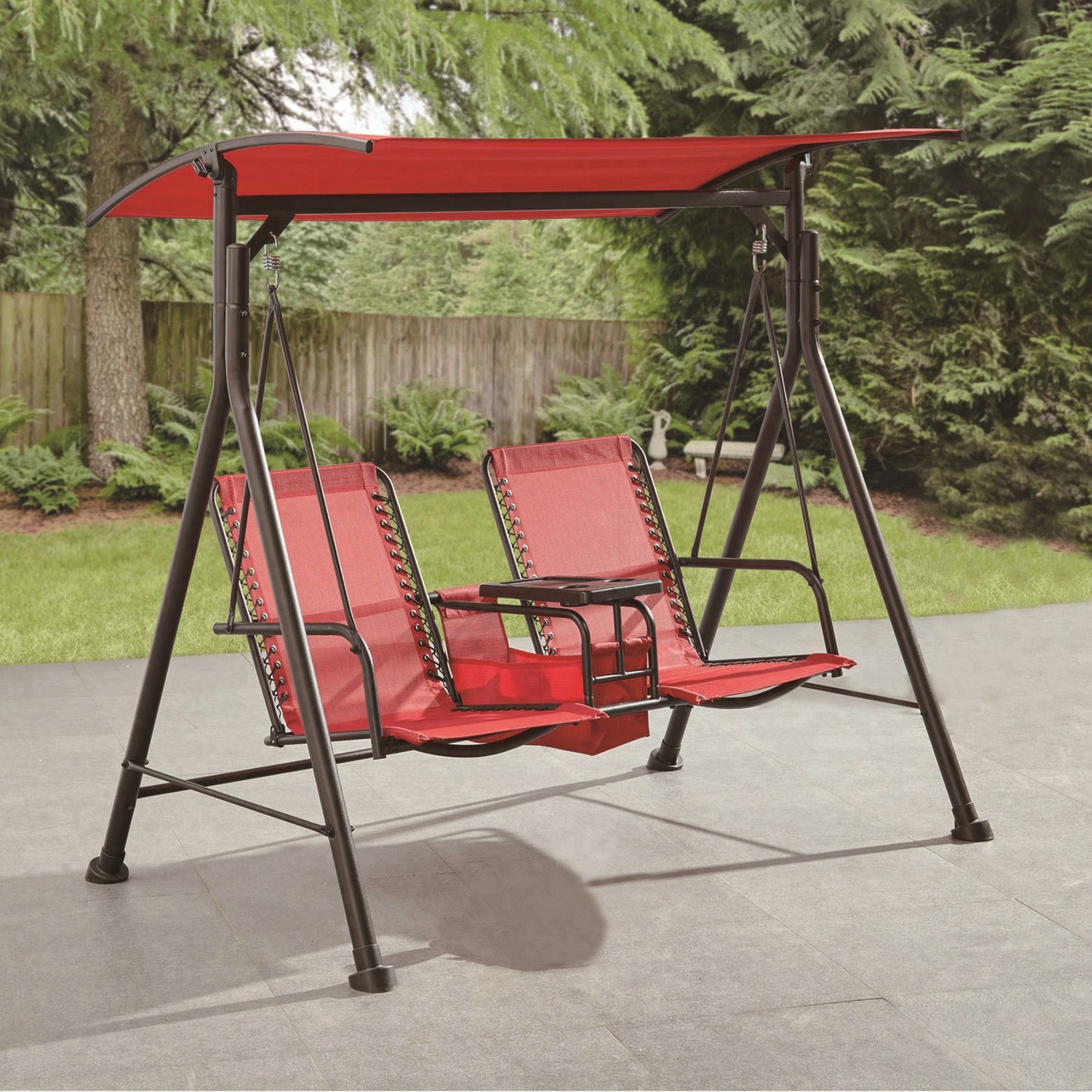 2 seater steel sling patio swing with table attached