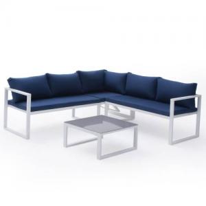 Modular garden furniture in blue fabric 4 places white aluminum