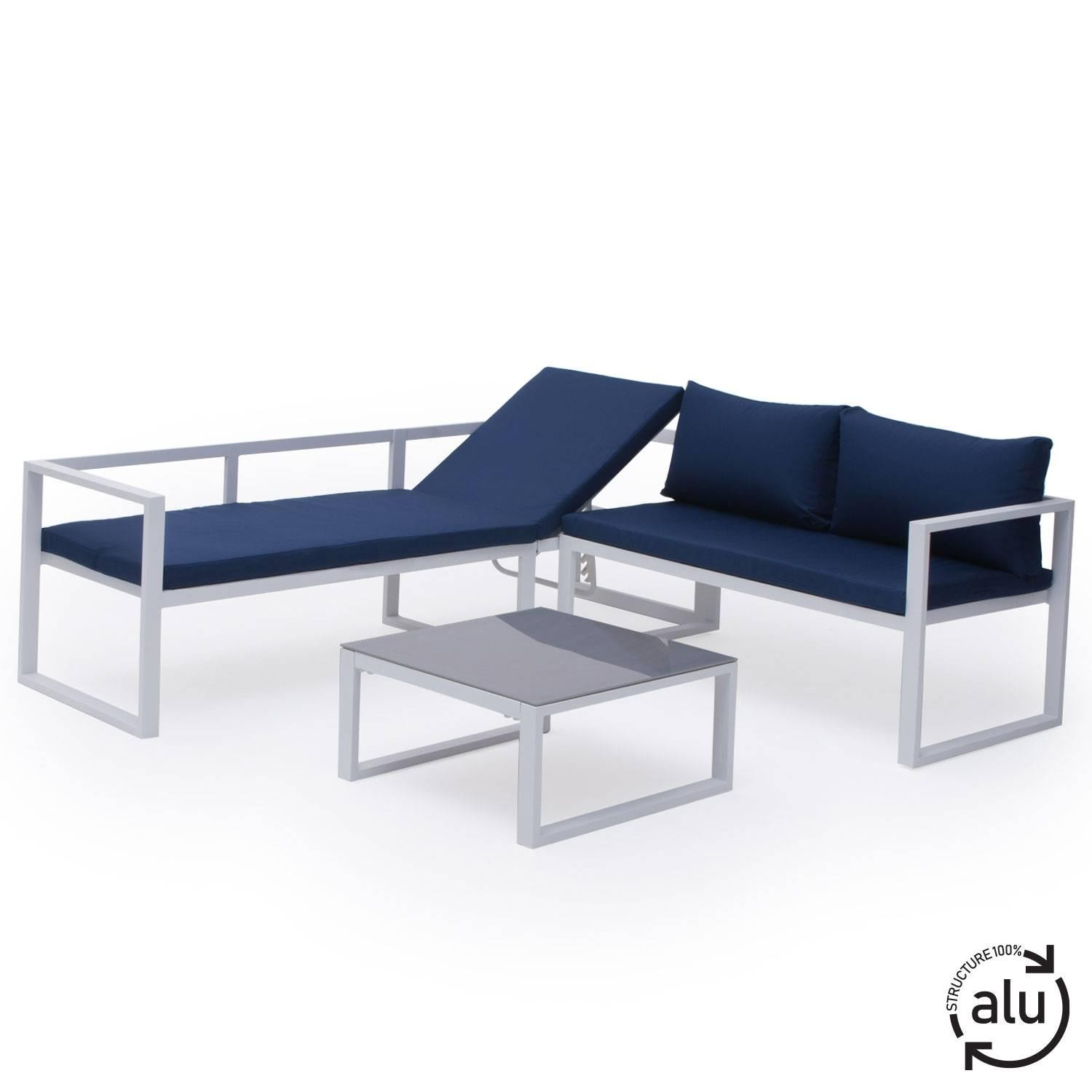 Modular garden furniture in blue fabric 4 places white aluminum