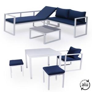 Modular garden furniture in blue fabric 7 places white aluminum