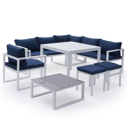 Modular garden furniture in blue fabric 7 places white aluminum