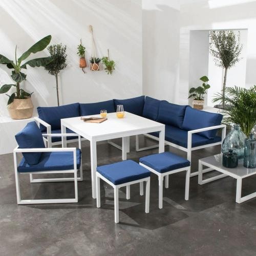 Modular garden furniture in blue fabric 7 places white aluminum