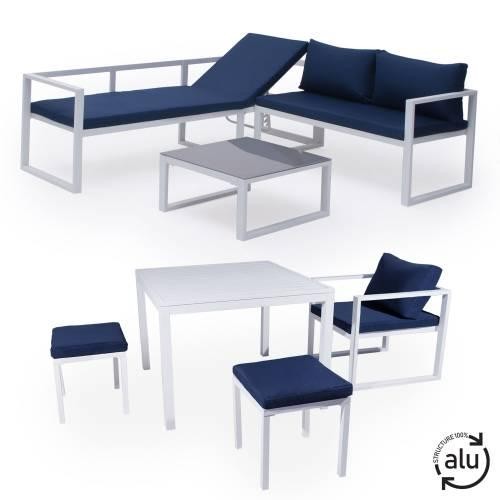 Modular garden furniture in blue fabric 7 places white aluminum