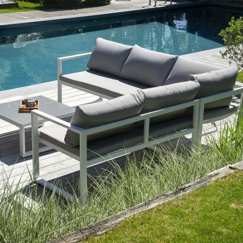 Modular garden furniture in gray fabric 4 places white aluminum