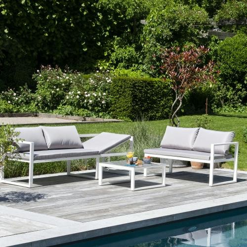 Modular garden furniture in gray fabric 4 places white aluminum