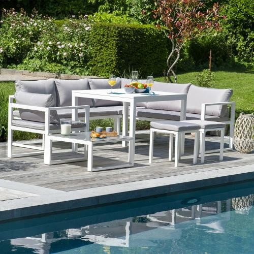 Modular garden furniture in gray fabric 7 places white aluminum