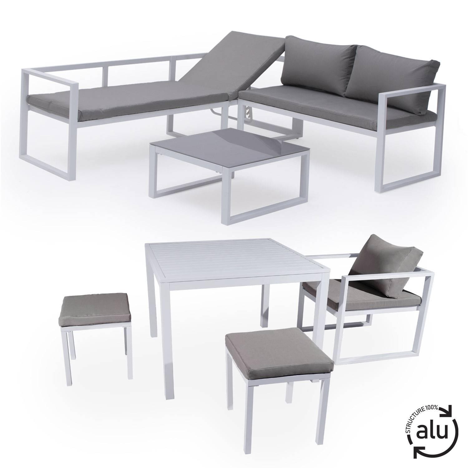 Modular garden furniture in gray fabric 7 places white aluminum