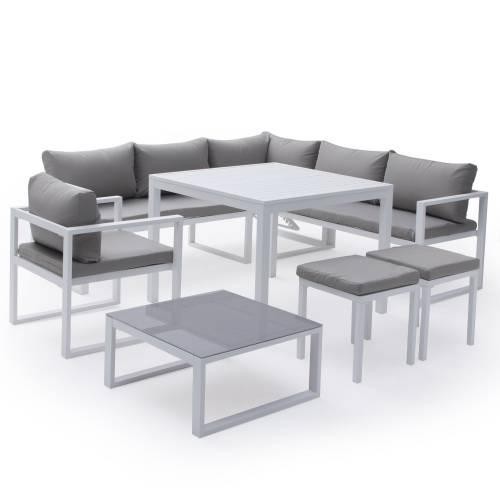 Modular garden furniture in gray fabric 7 places white aluminum