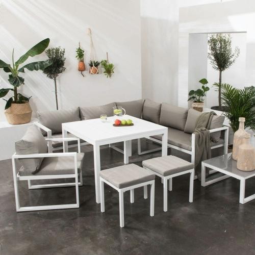 Modular garden furniture in gray fabric 7 places white aluminum