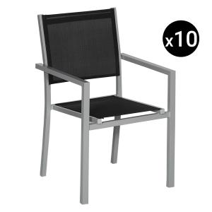 Set of 10 black textilene gray aluminum chairs