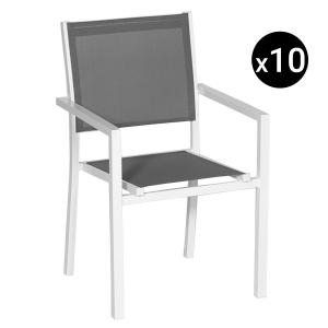 Set of 10 gray textilene white aluminum chairs