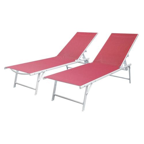 Set of 2  folding sunloungers in pink textilene white structure