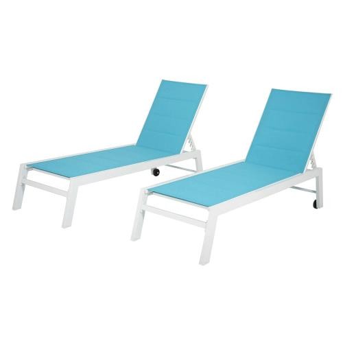 Set of 2 sunbeds in blue textilene white aluminum