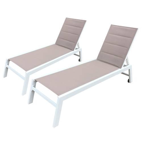 Set of 2 sunloungers in taupe white aluminum textilene