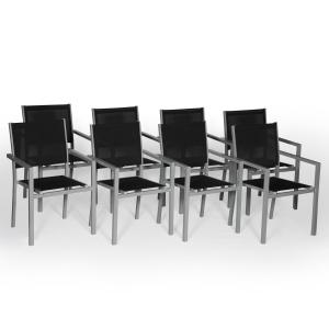 Set of 8 black textilene gray aluminum chairs