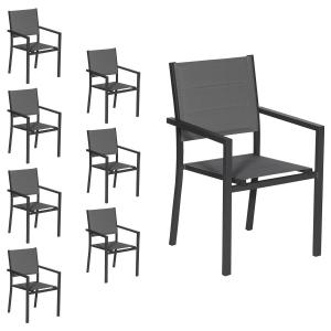 Set of 8 upholstered chairs in anthracite gray textilene aluminum