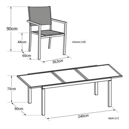 extendable garden furniture in gray textilene 8 places anthracite aluminum