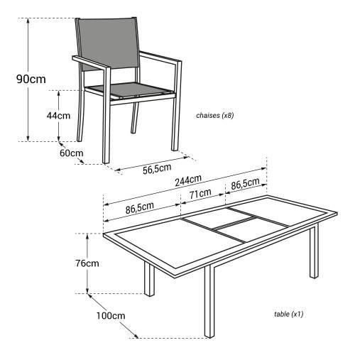 garden furniture extendable in black textilene 8 places gray aluminum