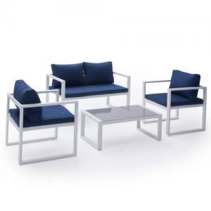 garden furniture in blue fabric 4 places white aluminum