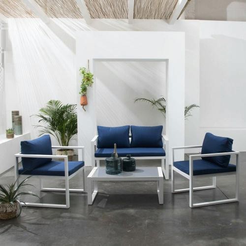 garden furniture in blue fabric 4 places white aluminum