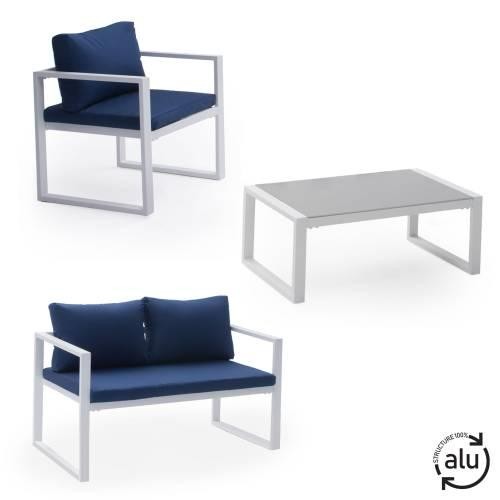 garden furniture in blue fabric 4 places white aluminum