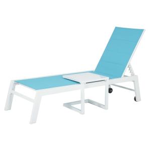 sun loungers and side table set in white aluminum blue textilene