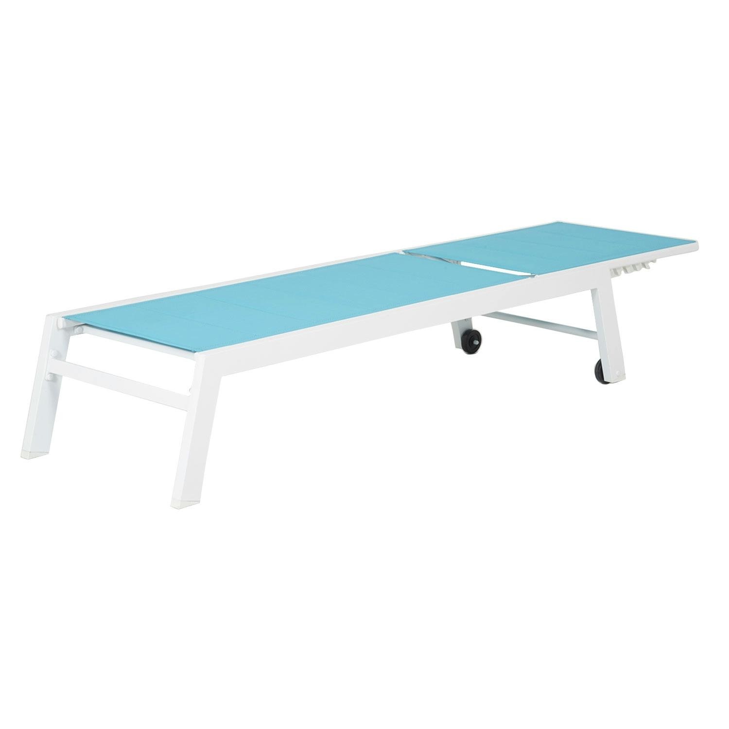 sun loungers and side table set in white aluminum blue textilene