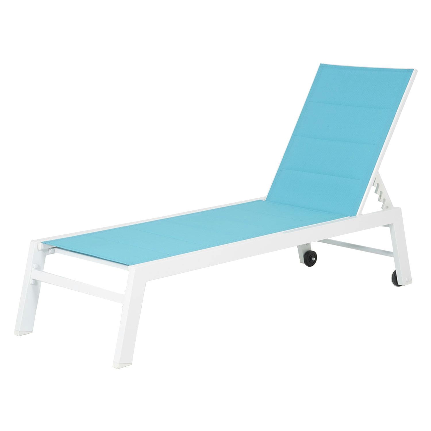 sun loungers and side table set in white aluminum blue textilene