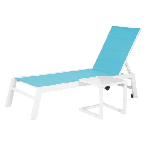 sun loungers and side table set in white aluminum blue textilene