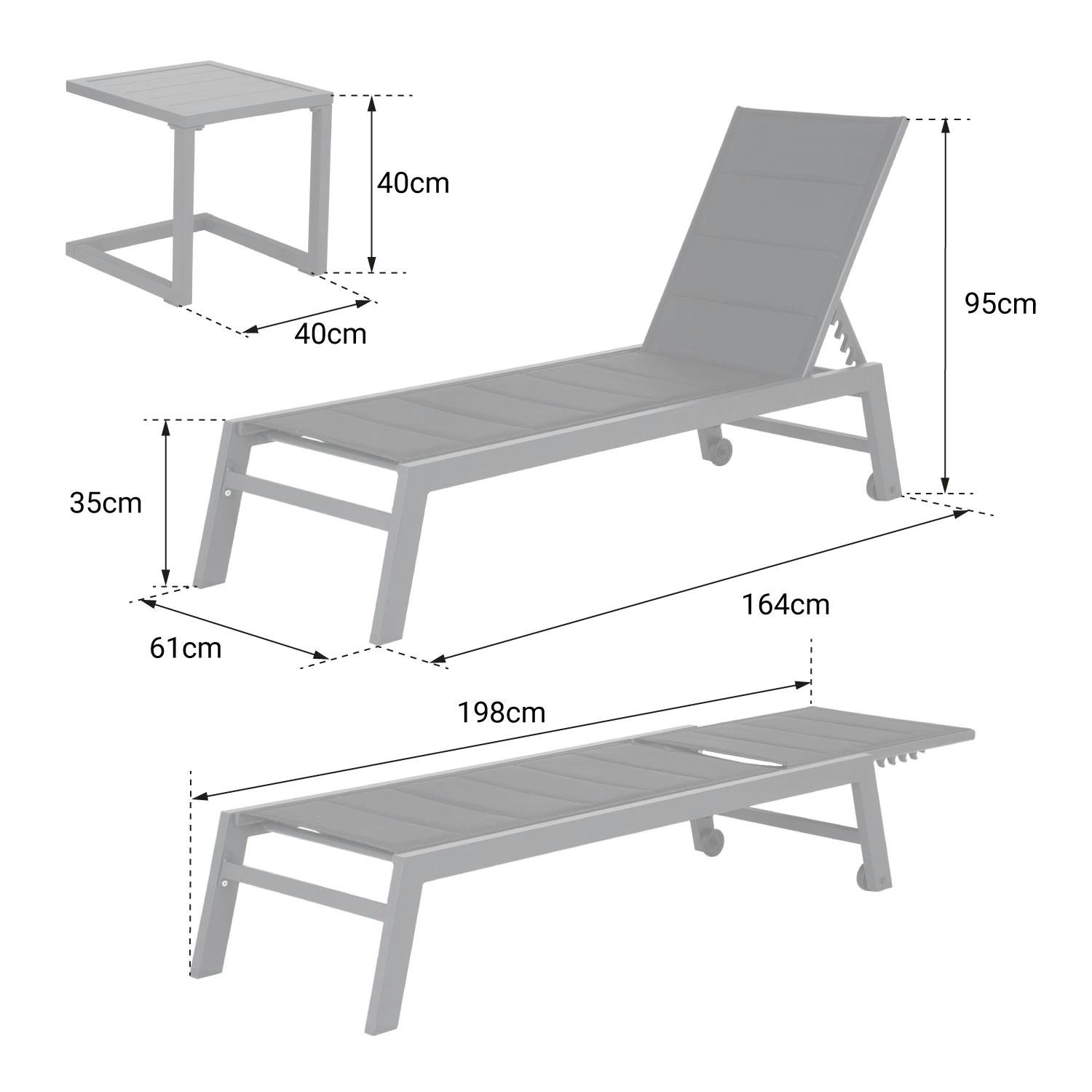 sun loungers and side table set in white aluminum blue textilene